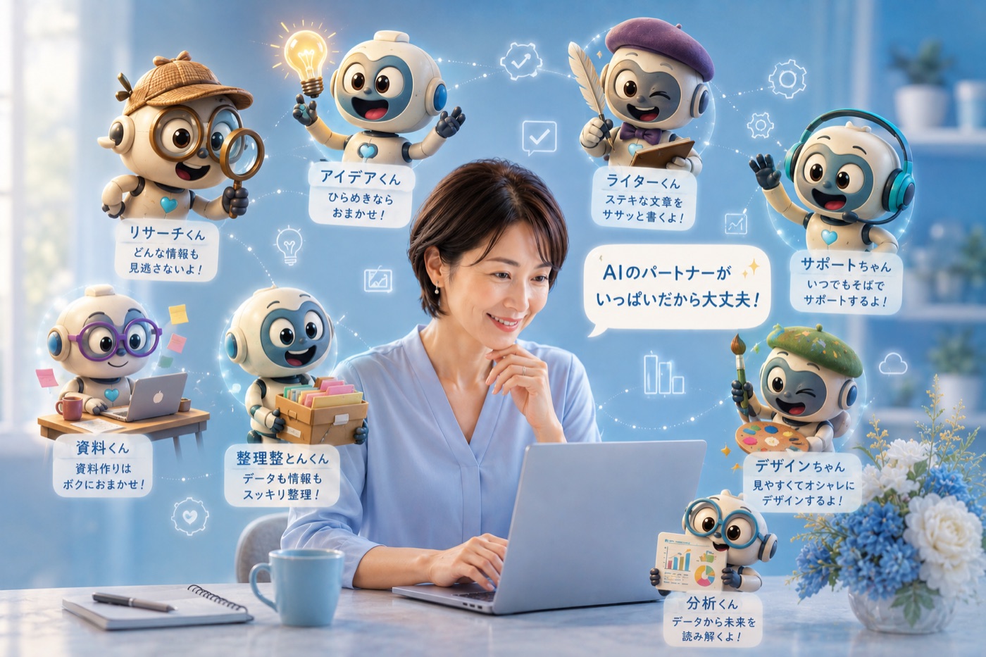 ノートPCで作業する女性を、リサーチ・アイデア・ライター・サポートなど役割ごとのAIパートナーたちが囲む——あなた専用のAIの右腕