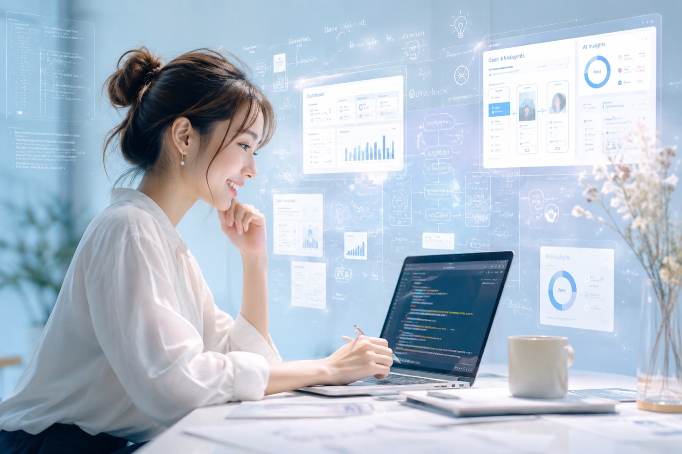 ノートPCでコードを見ながら微笑む女性と、宙に浮かぶAIダッシュボード——コード経験ゼロでも動かせる体験
