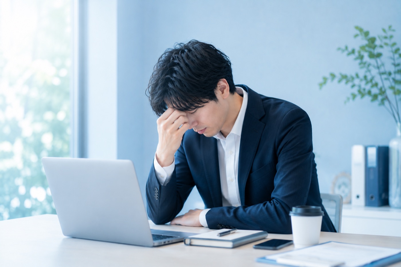 ノートPCの前で頭を抱える男性——ひとりで調べて挫折しがちな状況